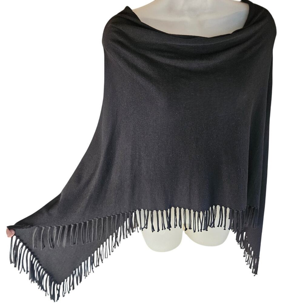 Chico's Black Fringe Poncho One Size Fits All Rayon‎ and Cotton